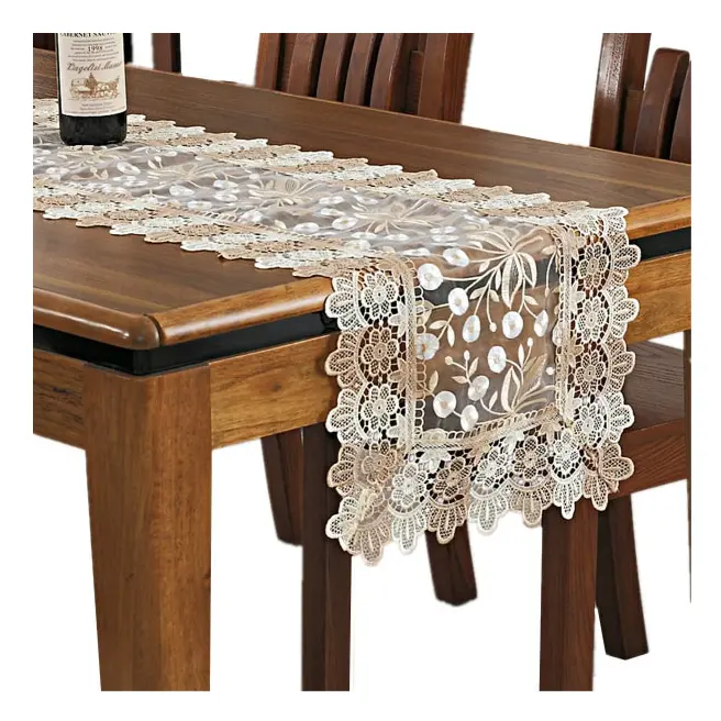 Spetsad blommig broderad bordslöpare, polyester rektangulär transparent