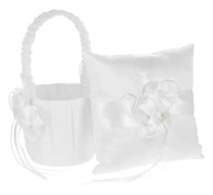 7 * 7 tum Elfenben Satin Flower Bow Ring Slängkudde och bröllop Flower Girl Korg Set