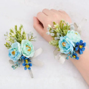 Boutonnières och corsage, 2 st blå corsage blomma handleds corsage och boutonniere set blommor accessoarer för bröllop bal män och kvinnor dekoration