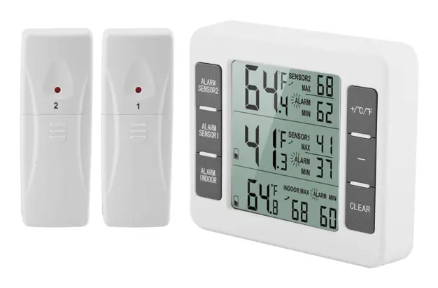 Trådlös digital hörbar larm kylskåpstermometer med 2PCS sensor min/max display