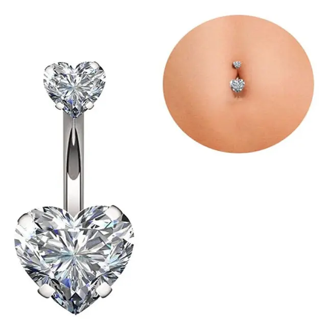 14G Kirurgiskt Stål Facetterat Hjärta Kubisk Zirkonia Navel Ringar Kropp