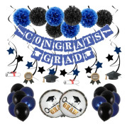Examenballongdekorationer (svart och blå), banderollpapper pompoms fläkt hängande virvlar examen konfetti girlander party ballonger graduati