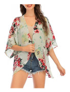 Blommigt print ärm för damer Kimono Cardigan Lös Cover Up Casual blus Toppar ---Grönt print （Storlek M）