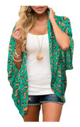 Blommigt print ärm för damer Kimono Cardigan Lös Cover Up Casual blus Toppar --- Grönt print （Storlek M）