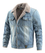 Vinter varm jeansjacka Fleecefodrad Jean Coat Päls Lapel Collar Trucker Jacka För Herr Light Blue L