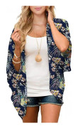 Blommigt print ärm för damer Kimono Cardigan Loose Cover Up Casual blus Toppar --- Marinblå （Storlek XL）