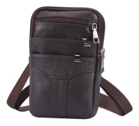 Fashion Herrar Enfärgad Läder Utomhus Sport Midjeväska Telefonväska Axelväska Handväska Crossbody Väska Löparbälte Midjepaket med Vattenflaska（19cm） coffee