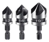 3-delad (12 16 19 mm) metall försänkt fasningsborr set verktyg, 5-egg 90 graders fasningsborr