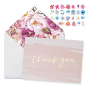 Tnk You Cards-48 Bulk Blank Gold Foil&Watercolor Bulk Box Set med eleganta blommiga kuvert & klistermärken för bröllop, babyshower, brudshower, Busin