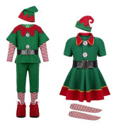 Jultomtens kostym Green Elf Cosplay Familj Julfest Nyår Klänning för vuxna barn