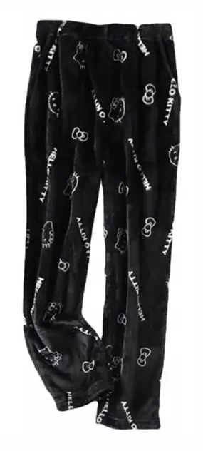 Tecknad HelloKitty Flanell Pyjamas Plysch och tjock isoleringspyjamas för kvinnor - Black - White