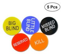 5-pack med små blind, stora blind, miss bling, kill, keep pokerknappar för pokerspel (5 stycken, som på bilden)