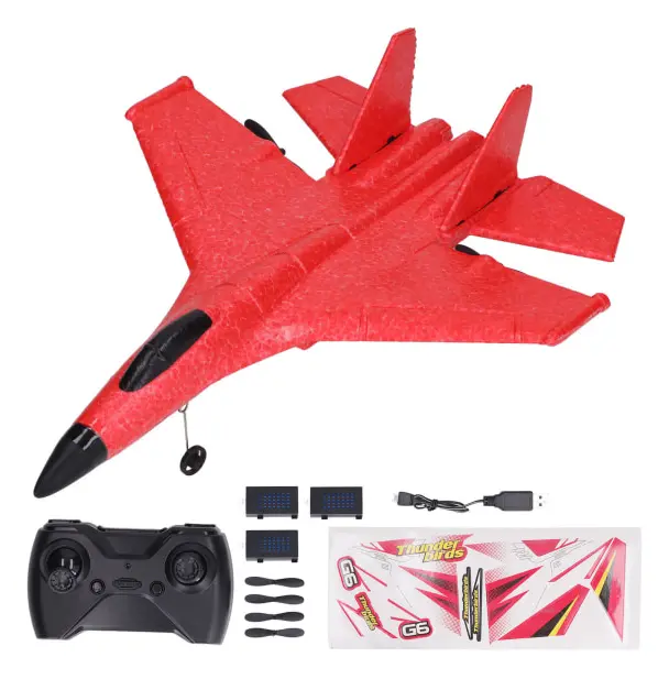 RC Glider Plane Vattentät, droppbeständig fjärrkontroll med dubbla motorer Fighter flygplan med LED Färgglada ljusstaplar Röd 1 batteri med 2 reservbatterier