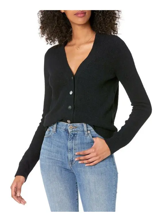 The drop - ESF23966-Black-L - Francine Cardigan för kvinnor, bekväm, V-ringad, med knappar på framsidan