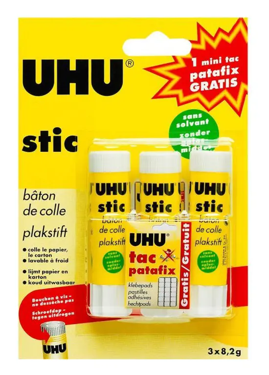UHU Set med 3 Stic 8,2g + prov av patafix