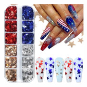 12 rutnät stjärna nagelkonst glitter 3D holografisk självständighetsdag naglar paljetter glitter flingor nagelkonst tillbehör nagelkonst klistermärken design