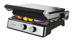 Cecotec 2400-W electric grill that adjusts time and temperature, dishwasher-safe removable griddles with RockStone coating and 180-degree opening.