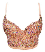 en's Bustier Crop Top Mesh Korsett Topp Push up Rhinestone Diamond Bra Club Party Väst Beige X-Small
