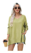 ivimos Dam Överdimensionerad Tröja Höst Långärmad V-hals Lös Casual Toppar Grovstickad Pullover Sidoslits Varm Tröja Grön Liten