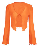 dusa Dam Sheer Shrug Crop Top Långärmad Tie Front Lettuce Trim Mesh Open Cardigan Top Orange Large