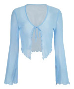 dusa Dam Sheer Shrug Crop Top Långärmad Tie Front Lettuce Trim Mesh Open Cardigan Top Blå Medium