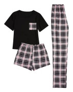 dusa Dam 3-delad rutig pyjamas med t-shirt, shorts och byxor, svart och rosa, XS