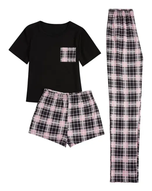 dusa Dam 3-delad rutig pyjamas med t-shirt, shorts och byxor, svart och rosa, XS