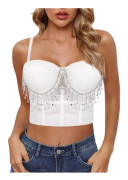 caela Dam Sexy Dragkedja Djup V-Hals Volang Korta Ärmar Tank Top Korsett Rave Club Crop Top Camisole Vit Tassel Liten