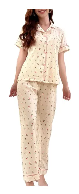 dusa Dam 2-delad tryckt pyjamas set sovkläder knapp upp skjorta med byxor blommig beige liten