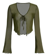 dusa Dam Sheer Shrug Crop Top Långärmad Tie Front Lettuce Trim Mesh Open Cardigan Top Army Green Medium