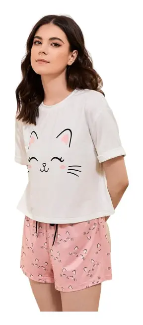 dusa Dam 3-delad rutig pyjamas set t-shirt och shorts byxor pyjamas set vit rosa stor
