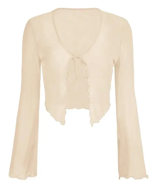 dusa Dam Sheer Shrug Crop Top Långärmad Tie Front Lettuce Trim Mesh Open Cardigan Top Apricot X-Large