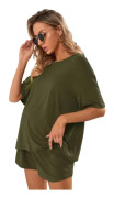 dusa Damkläder Graviditetspyjamas Set 2 Delar Drop Shoulder Topp och Korta Lounge Set Armégrön Liten