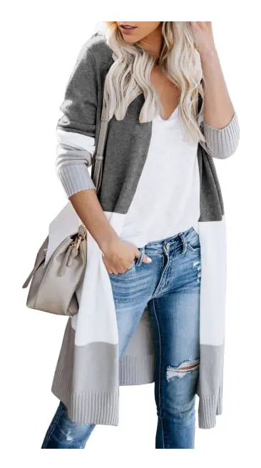 ens Färgblock Randig Cardigan Långärmad Öppen Framtill Stickad Tröja Cardigan med Fickor Grå Medium