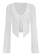 dusa Dam Sheer Shrug Crop Top Långärmad Tie Front Lettuce Trim Mesh Open Cardigan Top Vit X-Small