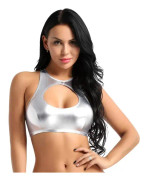 ly Dam glänsande metallisk läder crop tops racerback bustier bh fest danskläder silver X-Large