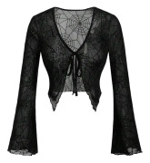 dusa Dam Sheer Shrug Crop Top Långärmad Tie Front Lettuce Trim Mesh Open Cardigan Top Solid Svart X-Large