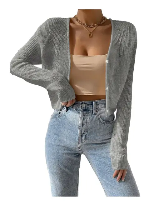 dusa Dam Drop Shoulder Långärmad Knapp Upp Stickad Cardigan Tröja Grå X-Small