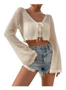 dusa Dam Bell Långärmad Tie Up Front Hollow Out Sheer Knit Crop Cardigan Apricot Large