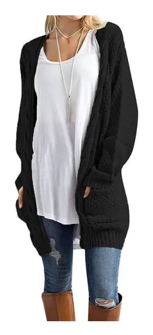 CERELLE Dam långa koftor Chunky Knit Boyfriend Jumpers Cardigan med fickor Dam lös långärmad stickad tröja Ove Svart Medium