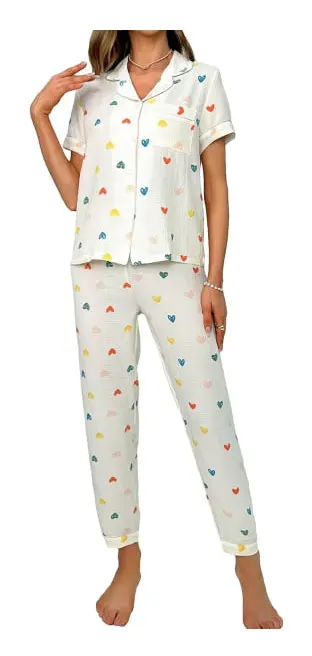 dusa Dam 2-delade tryckta pyjamas set nattkläder knapp upp skjorta med byxor Multi Heart Bei X-Large