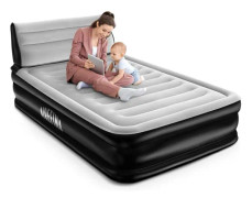 efina Queen Air Mattress med huvudgavel, Full-Size uppblåsbar säng med inbyggd pump, bekväm flockad yta för Ho
