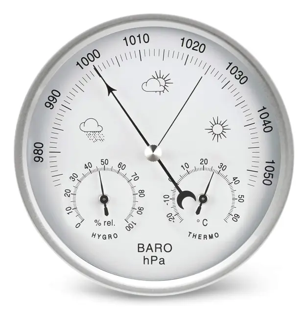 Barometer med termometer och hygrometer, väderstation med urtavla, mäter barometriskt tryck