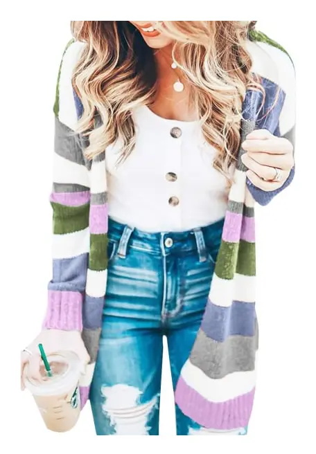 ens Färgblock Randig Cardigan Långärmad Öppen Framtill Stickad Tröja Cardigan med Fickor Floral2 Medium