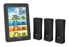 Trådlös väderstation, digital temperatur- och luftfuktighetsmätning, färgglatt barometerprognos, månfas, alarm, 3 sensorer., Svart