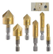 6 st HSS Fasavskärare 90 Grader 5 Spår Fasavskärare Hålskärare Titanbelagd Sänkskruv 1/4\" Träbearbetningsborr Sexkantskaft 6mm 8mm 9m