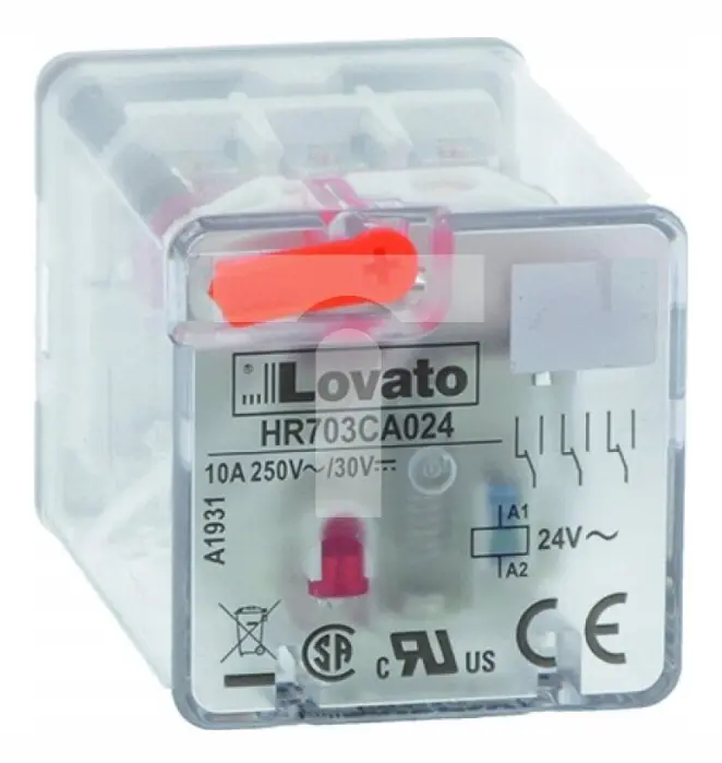 Lovato Electric Industrirelä med LED-indikator och mekanisk knapp, 24VDC-styrning, 3C/O, 10A, för 11-poliga uttag HR7XS2