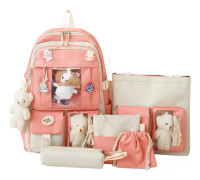 Ryggsäck med söta hängen, 5-delad Kawaii skolryggsäck set flickor, student skolväska vacker ryggsäck, stor Harajuku canvas skolväska