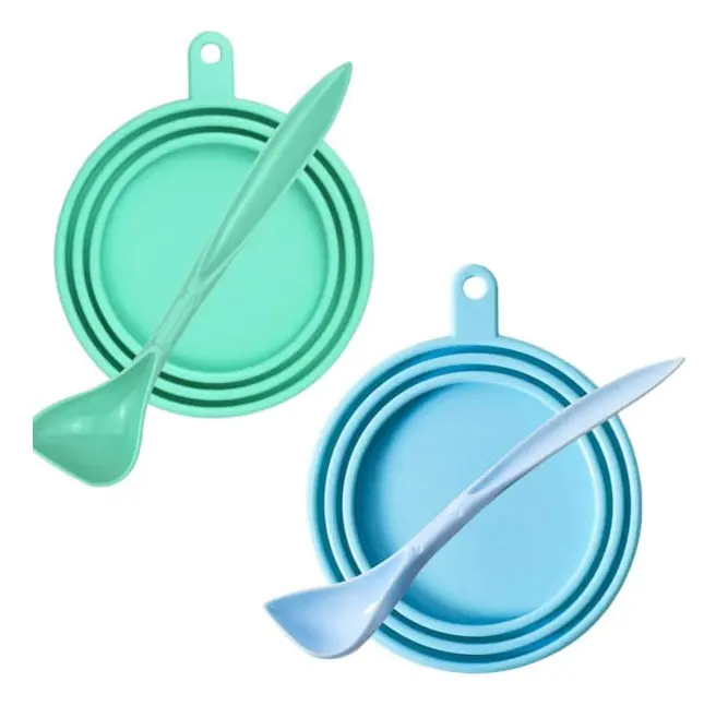 2 stycken Couvercle en Silicone pour Nourriture pour Chiens Couvercle Silikon Chat Chien Nourriture Animal Couvercles med 2 cuillères Convient à