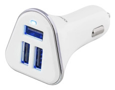 DELTACO billaddare, 5,2A, 3xUSB Type A, 12-24V DC input, vit/silver
